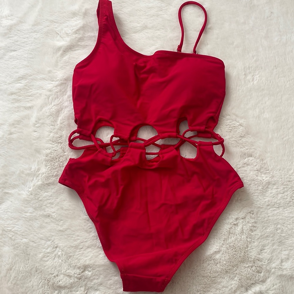 Fashion Nova Red 1 Piece Love Yourself Swimsuit